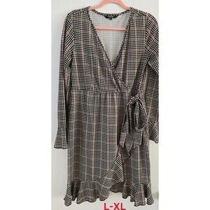 Plaid‎ Wrap Dress Womens L XL Long Sleeve Ruffle Hem Casual Fall